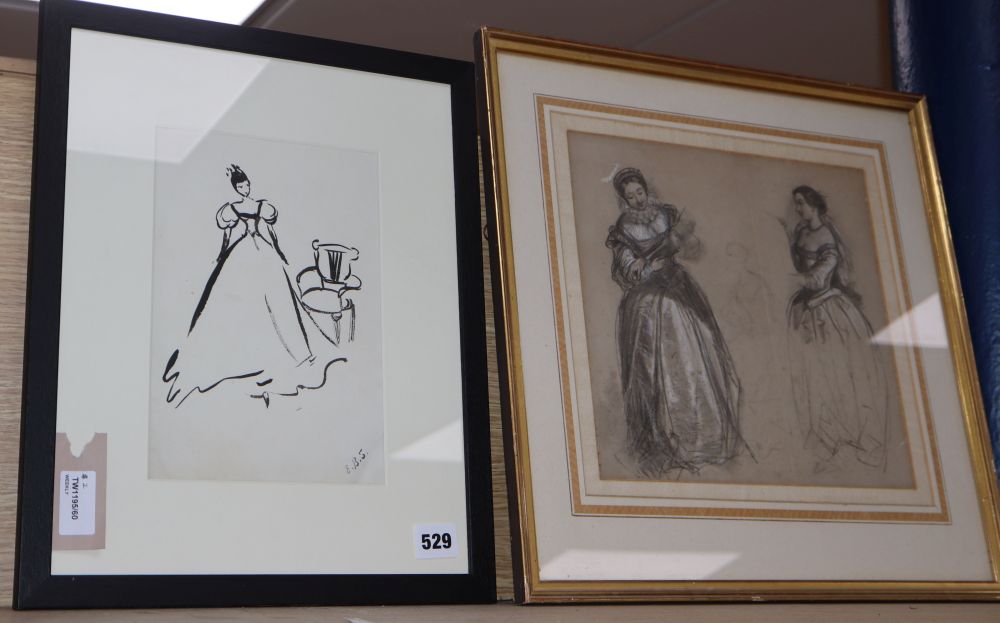 Joseph Nash, Two studies of Elizabethan costume, black and white chalk and Elinor Bellingham Smith, Girl in a Ballgown